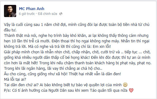 Facebook sao 24h: MC Phan Anh đòi được tiền sau 1 năm chờ đợi